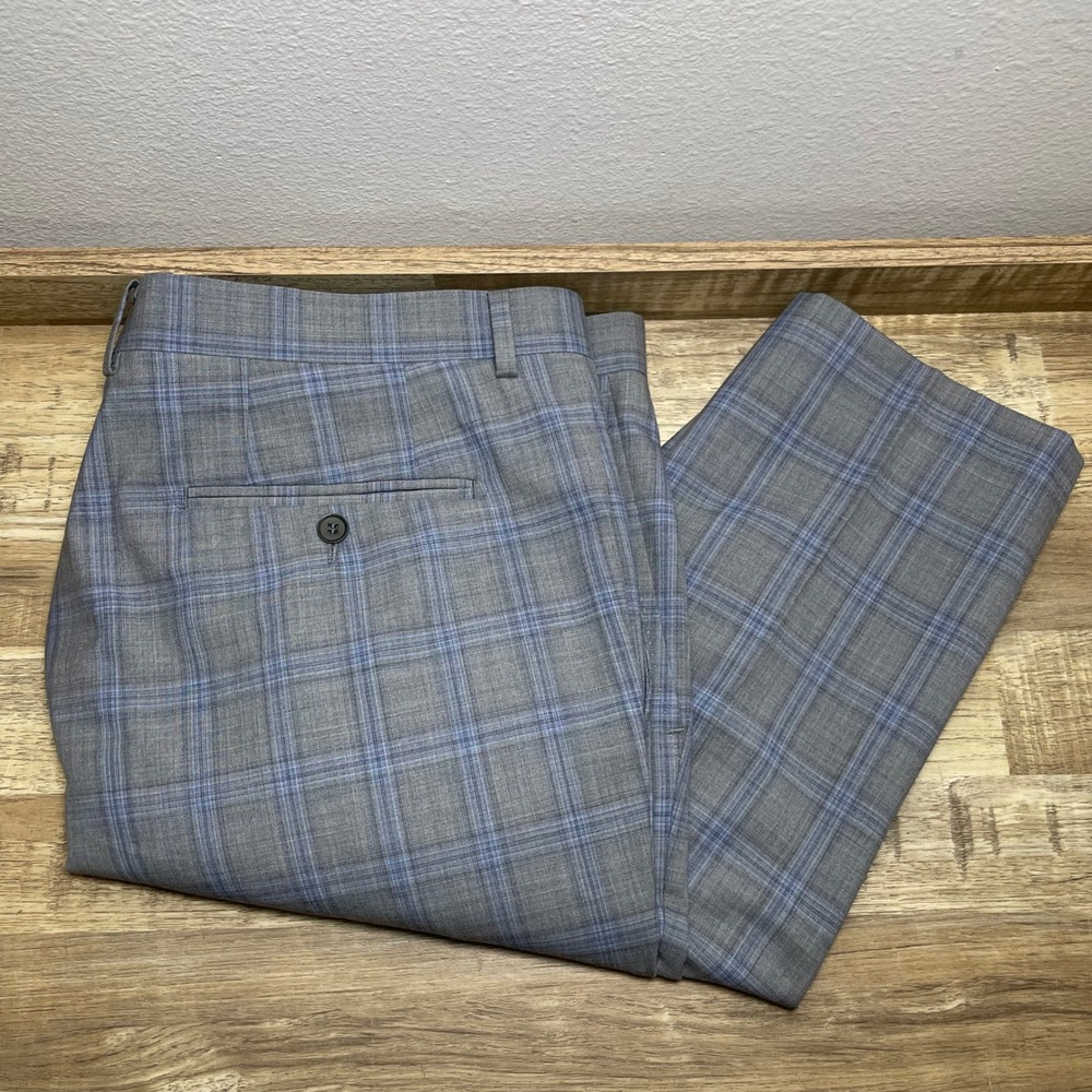 Enzo Tovare Mens Grey Blue Glen Check Plaid 100% Wool Dress Pants Trousers 40x29